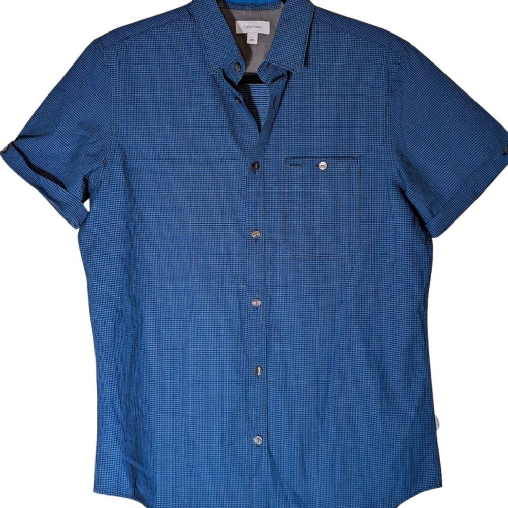 Men's Calvin Klein Jeans Short Cuffed Sleeve Button Up Blue Checkered Shirt Sz S